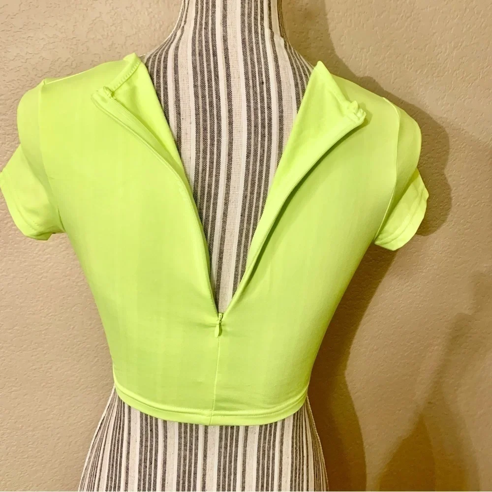 NEW 2-Pce Set Small Neon Yellow Bike Shorts & Short-Sleeve Top Back Zip Stretch